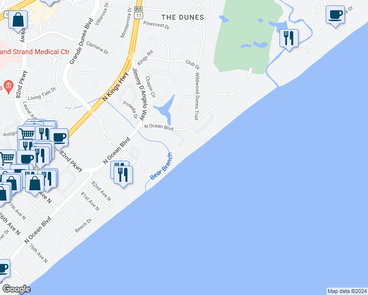 map of restaurants, bars, coffee shops, grocery stores, and more near 130 Vista del Mar Lane in Myrtle Beach