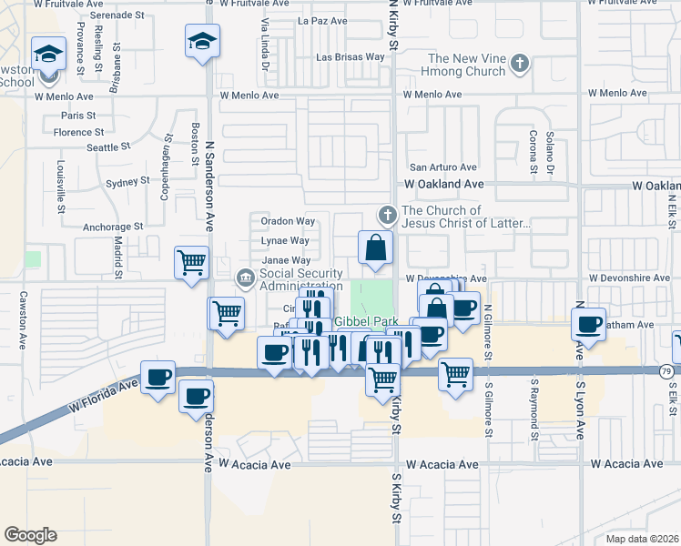 map of restaurants, bars, coffee shops, grocery stores, and more near 2770 West Devonshire Avenue in Hemet