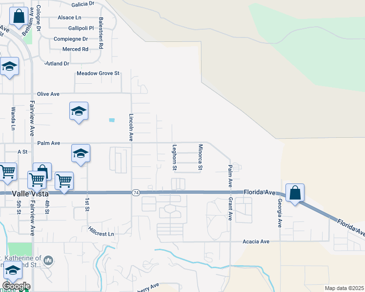 map of restaurants, bars, coffee shops, grocery stores, and more near 44755 Palm Avenue in Hemet