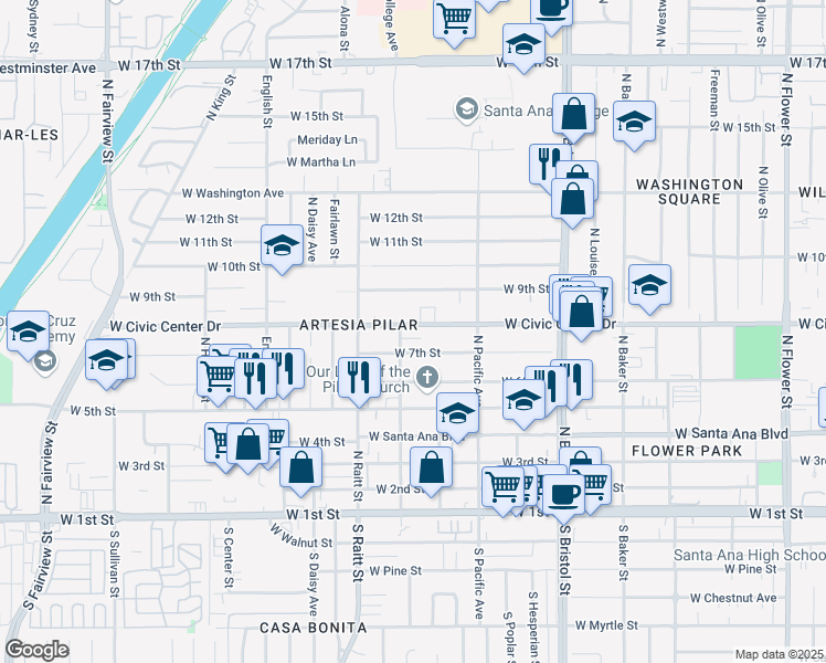 map of restaurants, bars, coffee shops, grocery stores, and more near 1618 West Civic Center Drive in Santa Ana