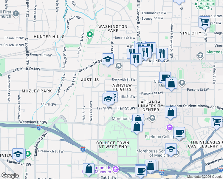 map of restaurants, bars, coffee shops, grocery stores, and more near 1024 Palmetto Avenue Southwest in Atlanta