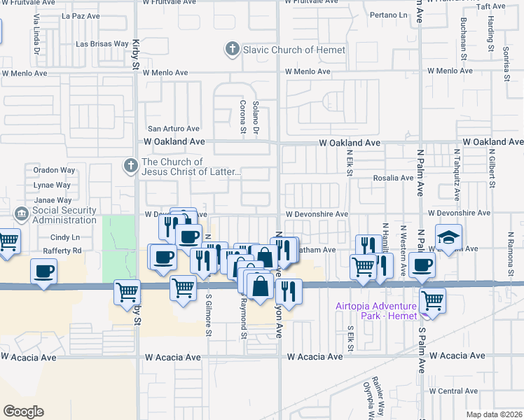 map of restaurants, bars, coffee shops, grocery stores, and more near 1871 Calle Pasito in Hemet