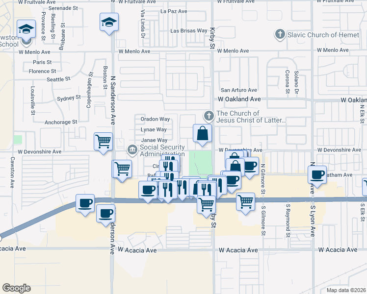 map of restaurants, bars, coffee shops, grocery stores, and more near 2770 West Devonshire Avenue in Hemet