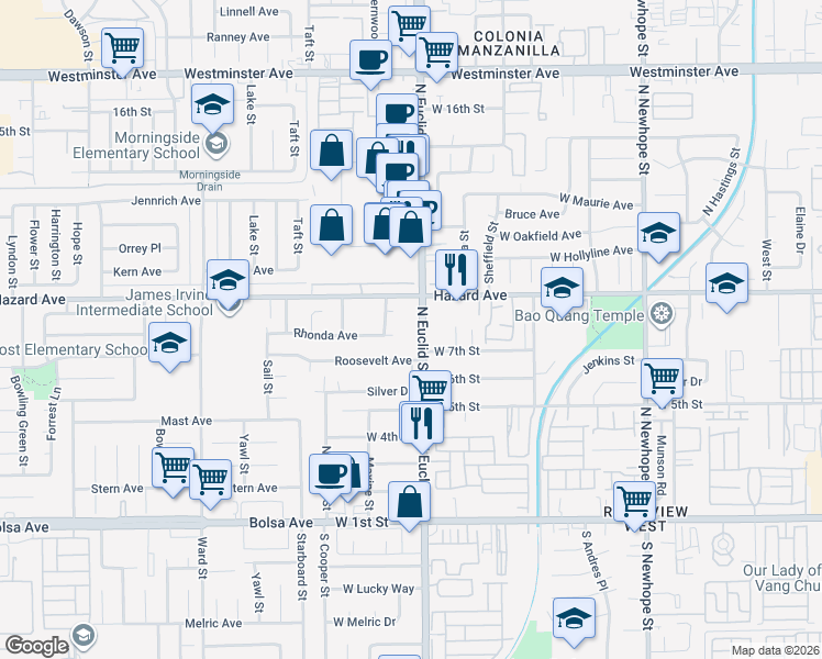 map of restaurants, bars, coffee shops, grocery stores, and more near 728 North Euclid Street in Santa Ana