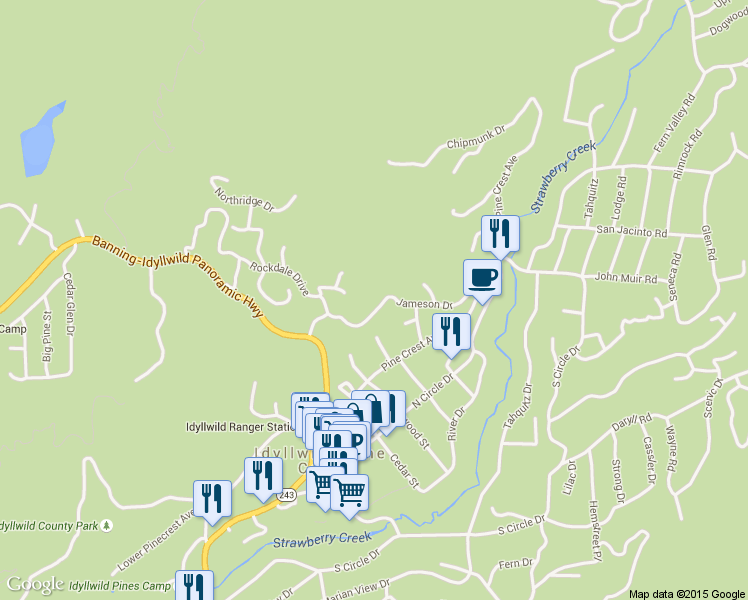 map of restaurants, bars, coffee shops, grocery stores, and more near 54396 Jameson Drive in Idyllwild-Pine Cove