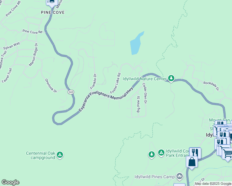map of restaurants, bars, coffee shops, grocery stores, and more near 25500 Foster Lake Road in Idyllwild-Pine Cove