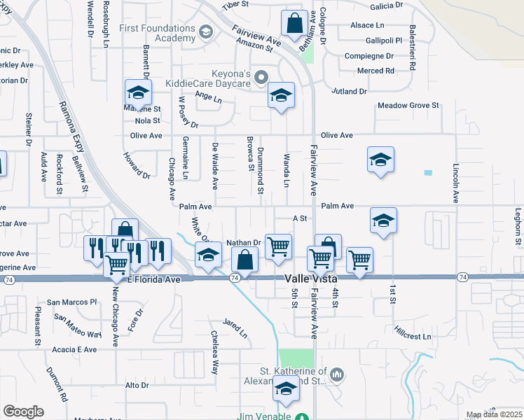 map of restaurants, bars, coffee shops, grocery stores, and more near 25507 Christopher Court in Hemet