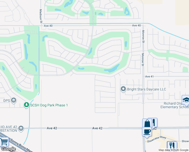 map of restaurants, bars, coffee shops, grocery stores, and more near 81521 Camino Los Milagros in Indio
