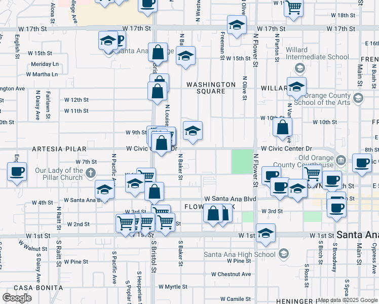 map of restaurants, bars, coffee shops, grocery stores, and more near 1146 West Civic Center Drive in Santa Ana