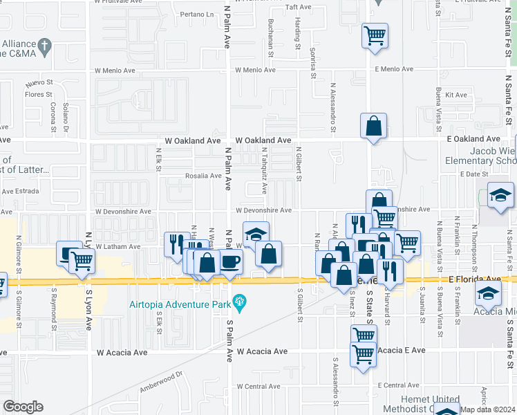 map of restaurants, bars, coffee shops, grocery stores, and more near 749 Malibu Street in Hemet