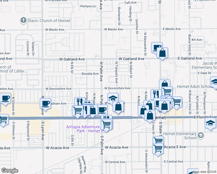 map of restaurants, bars, coffee shops, grocery stores, and more near 749 Malibu Street in Hemet