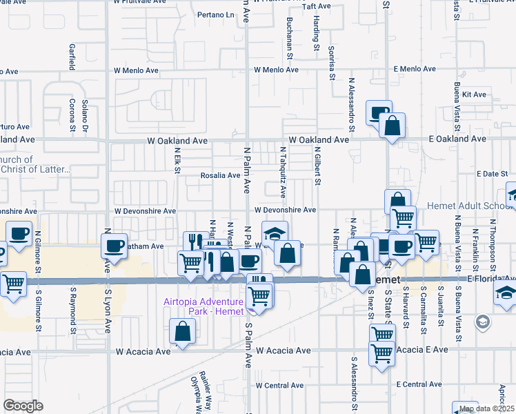 map of restaurants, bars, coffee shops, grocery stores, and more near 310 North Palm Avenue in Hemet