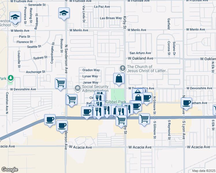 map of restaurants, bars, coffee shops, grocery stores, and more near 2770 West Devonshire Avenue in Hemet