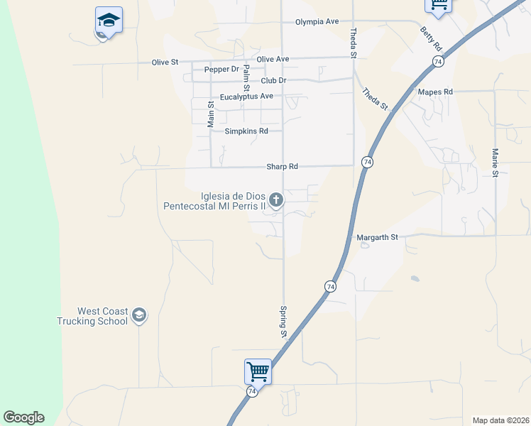 map of restaurants, bars, coffee shops, grocery stores, and more near 25401 Spring Street in Perris