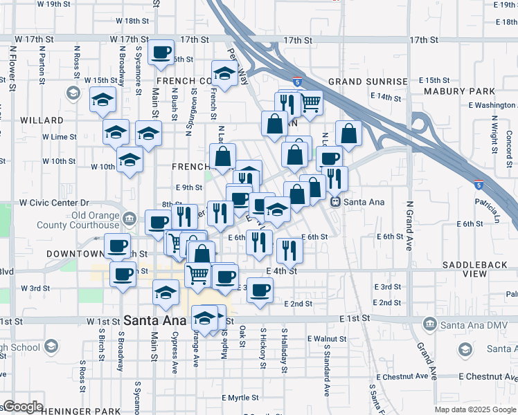 map of restaurants, bars, coffee shops, grocery stores, and more near 703 North Lacy Street in Santa Ana