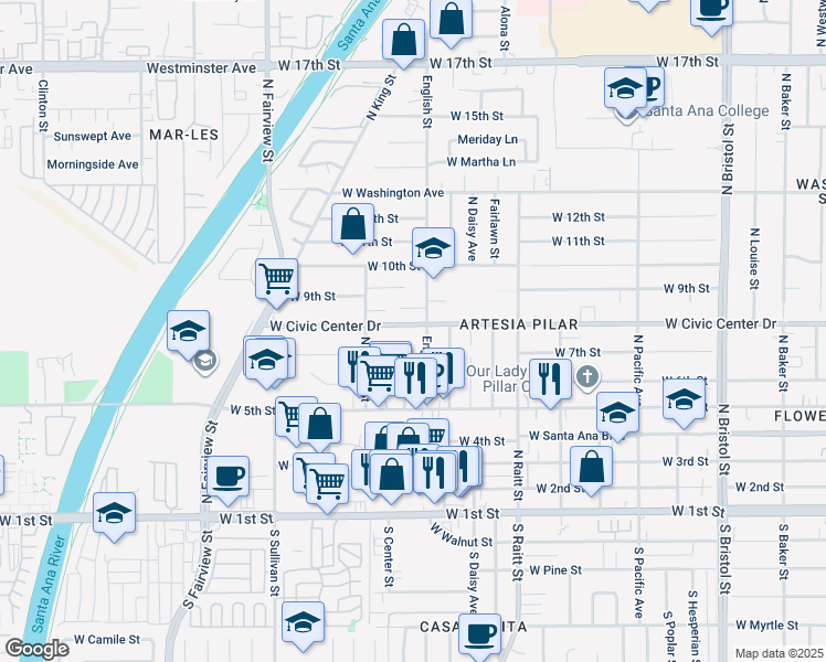 map of restaurants, bars, coffee shops, grocery stores, and more near 802 English Street in Santa Ana