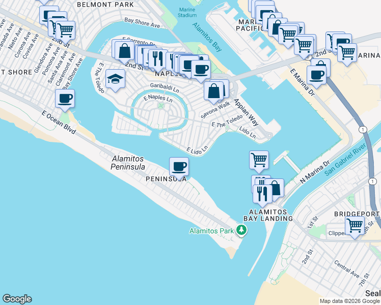 map of restaurants, bars, coffee shops, grocery stores, and more near 18 Savona Walk in Long Beach