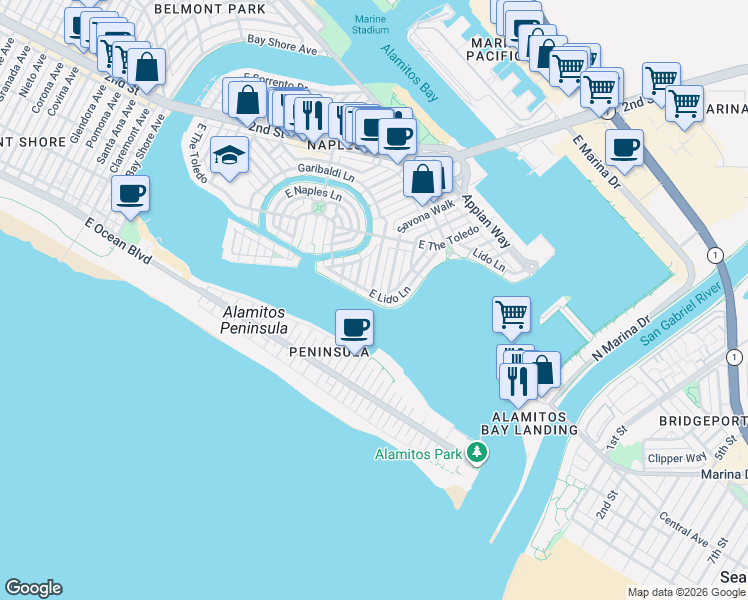 map of restaurants, bars, coffee shops, grocery stores, and more near 5803 East Corso Di Napoli in Long Beach