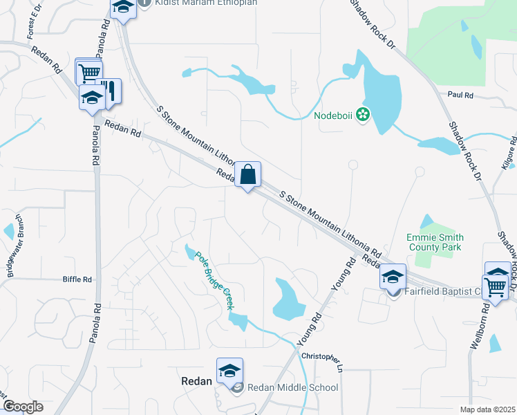 map of restaurants, bars, coffee shops, grocery stores, and more near 1405 Bentley Woods Trail in Lithonia