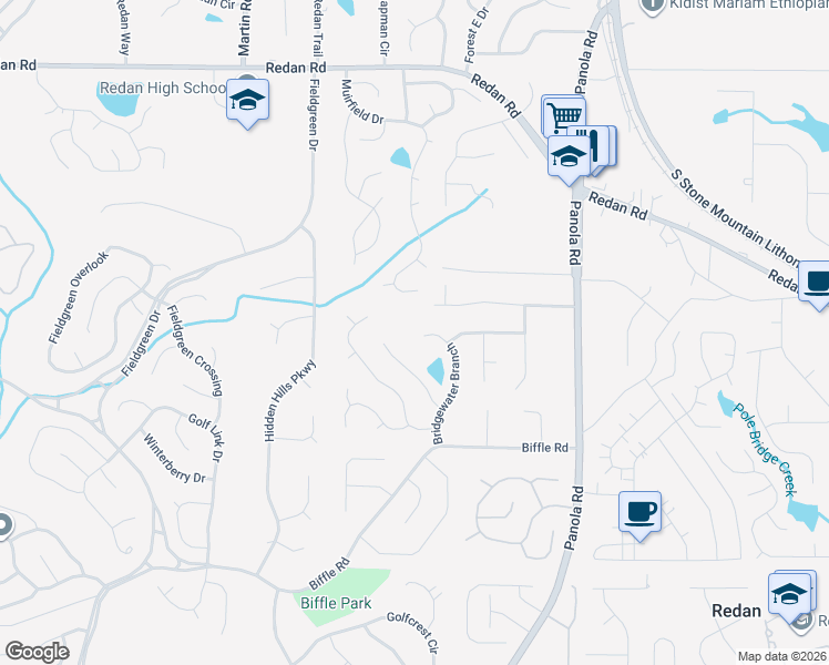 map of restaurants, bars, coffee shops, grocery stores, and more near 1388 Bridgewater Branch in Stone Mountain