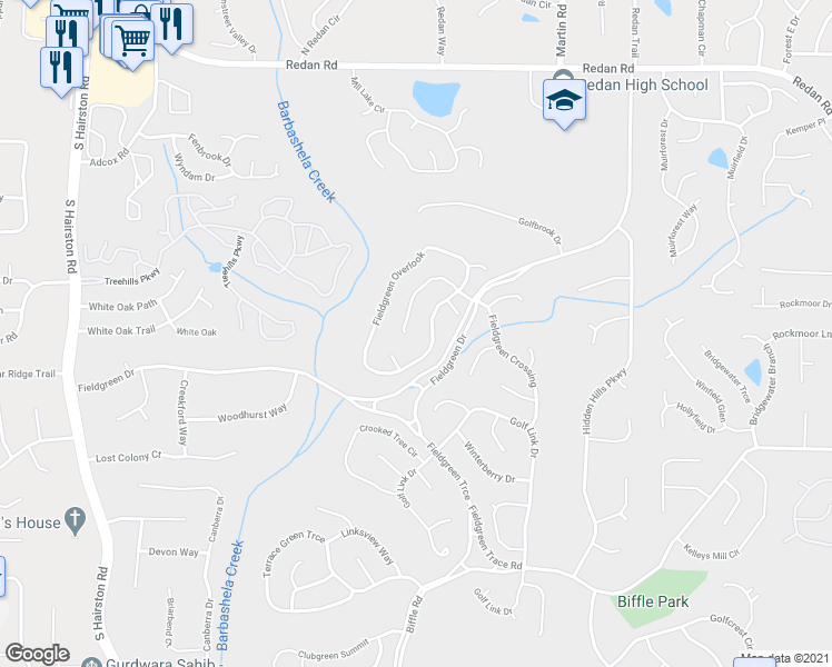 map of restaurants, bars, coffee shops, grocery stores, and more near 5015 Fieldgreen Crossing in Stone Mountain