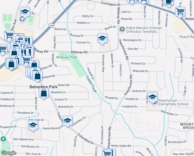 map of restaurants, bars, coffee shops, grocery stores, and more near 1422 Sandy Lane in Decatur