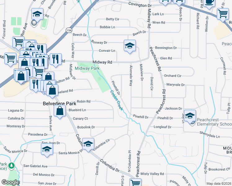 map of restaurants, bars, coffee shops, grocery stores, and more near 3219 Pinehill Drive in Decatur