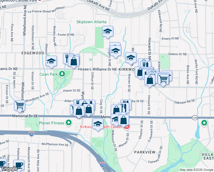 map of restaurants, bars, coffee shops, grocery stores, and more near 70 Clay Street Northeast in Atlanta