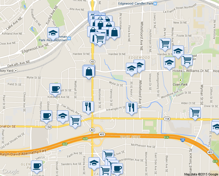 map of restaurants, bars, coffee shops, grocery stores, and more near 71 Vannoy Street Southeast in Atlanta