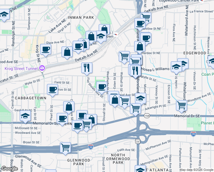 map of restaurants, bars, coffee shops, grocery stores, and more near 79 Weatherby Street Southeast in Atlanta