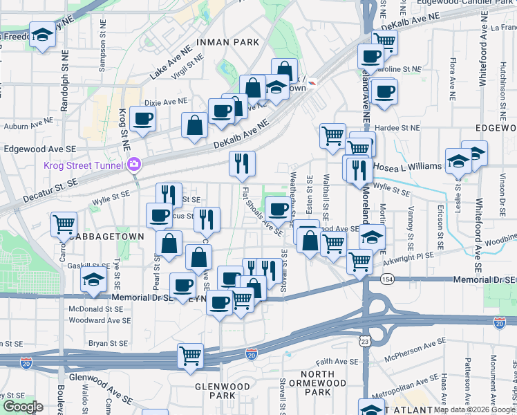 map of restaurants, bars, coffee shops, grocery stores, and more near 100 Flat Shoals Avenue Southeast in Atlanta