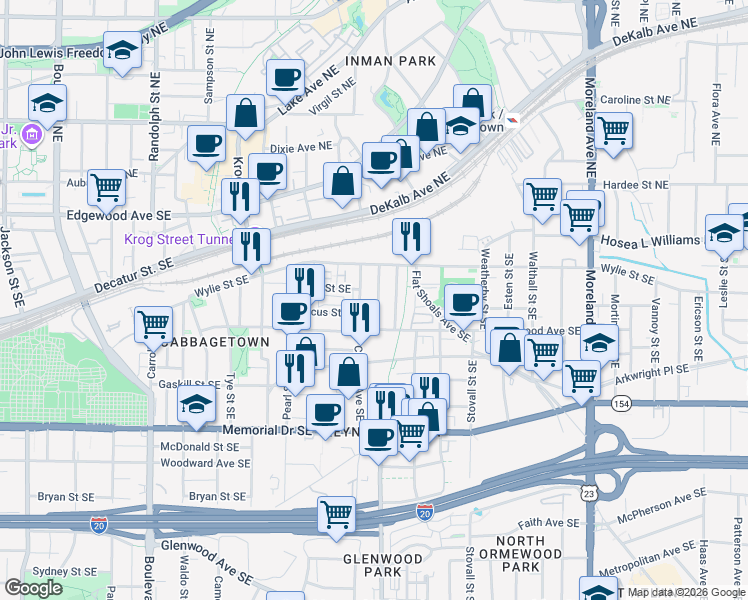 map of restaurants, bars, coffee shops, grocery stores, and more near 87 Selman Street Southeast in Atlanta