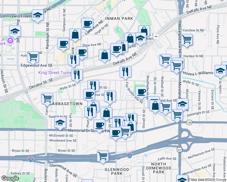 map of restaurants, bars, coffee shops, grocery stores, and more near 87 Selman Street Southeast in Atlanta