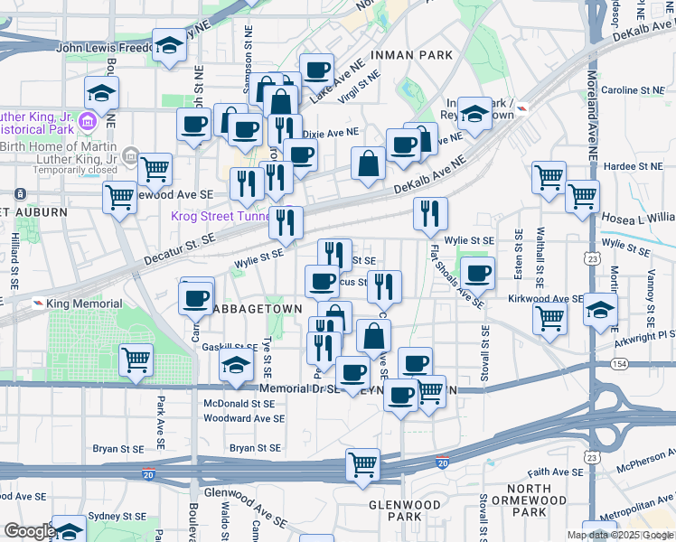 map of restaurants, bars, coffee shops, grocery stores, and more near 695 Field Street Southeast in Atlanta