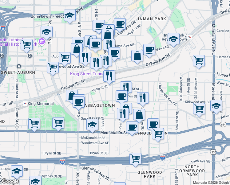 map of restaurants, bars, coffee shops, grocery stores, and more near 114 Estoria Street Southeast in Atlanta