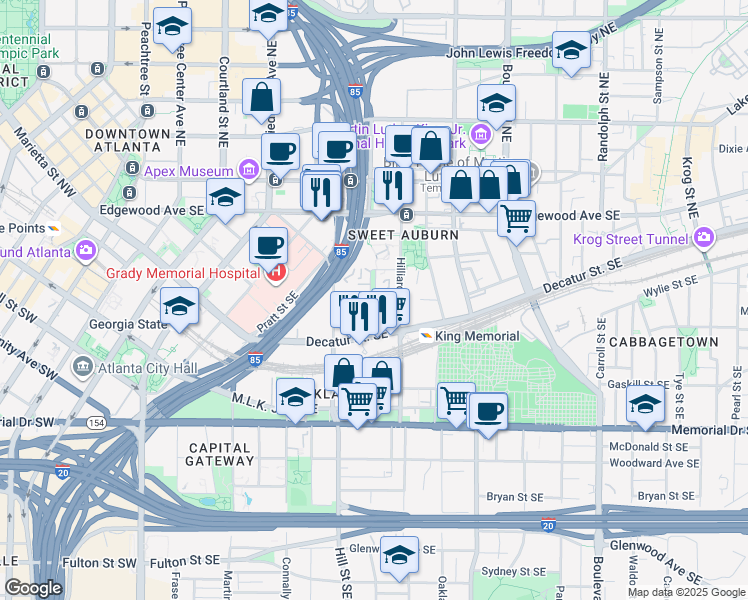 map of restaurants, bars, coffee shops, grocery stores, and more near 101 Veranda Circle Southeast in Atlanta