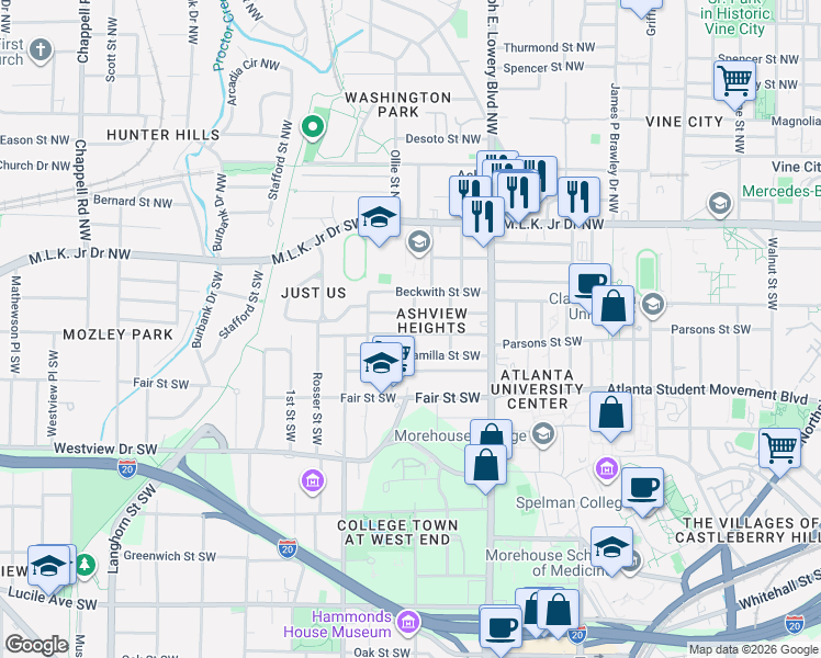 map of restaurants, bars, coffee shops, grocery stores, and more near 986 Palmetto Avenue Southwest in Atlanta