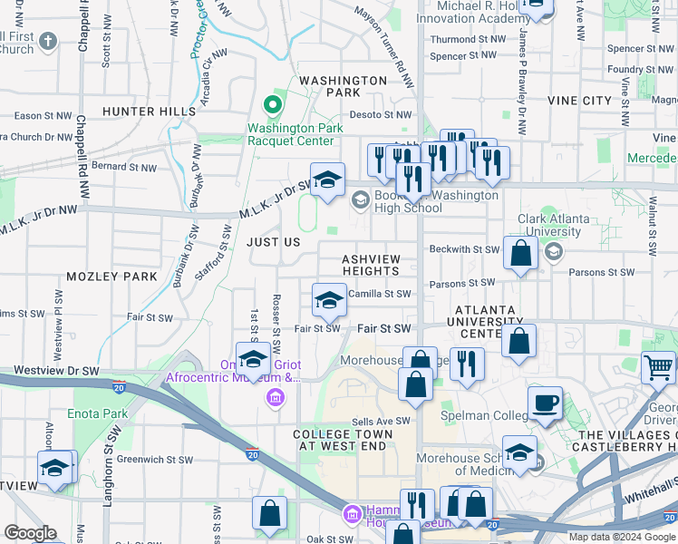 map of restaurants, bars, coffee shops, grocery stores, and more near 1024 Palmetto Avenue Southwest in Atlanta