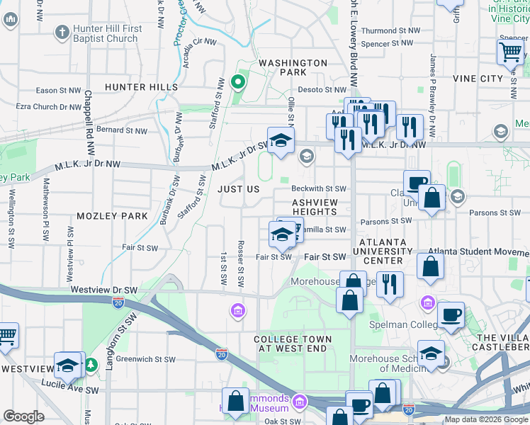 map of restaurants, bars, coffee shops, grocery stores, and more near 1088 Fountain Drive Southwest in Atlanta
