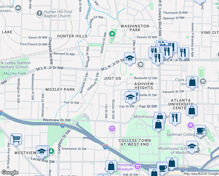 map of restaurants, bars, coffee shops, grocery stores, and more near 1127 Fountain Drive Southwest in Atlanta