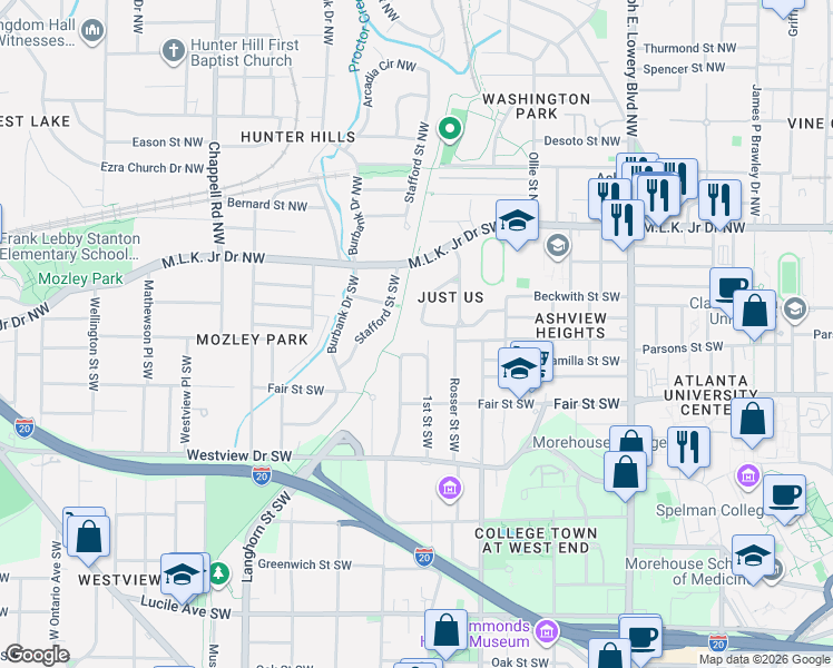 map of restaurants, bars, coffee shops, grocery stores, and more near 1162 Fountain Drive Southwest in Atlanta