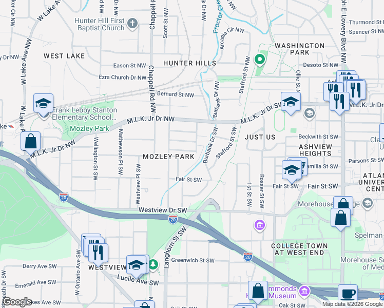 map of restaurants, bars, coffee shops, grocery stores, and more near 1310 Douglas Street Southwest in Atlanta