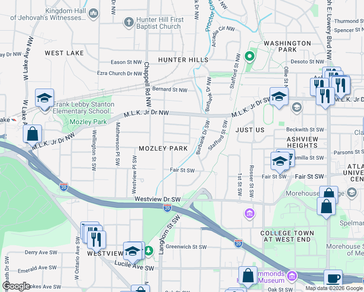 map of restaurants, bars, coffee shops, grocery stores, and more near 1310 Douglas Street Southwest in Atlanta