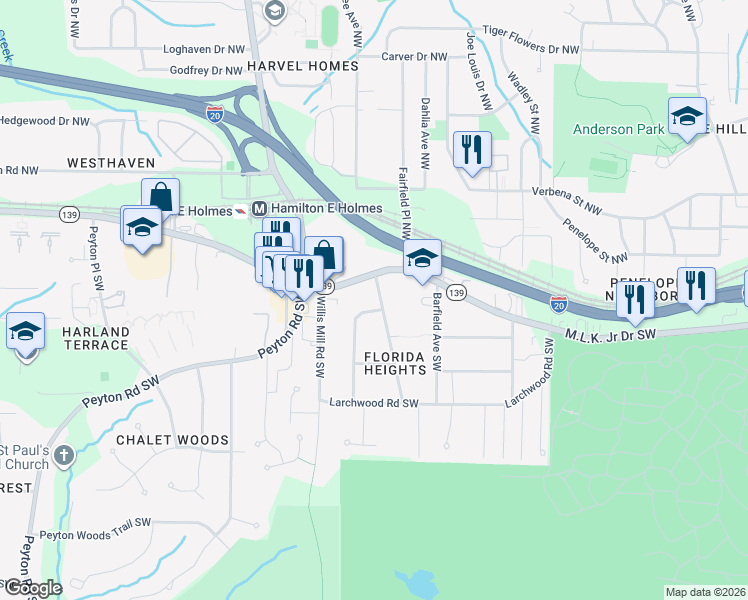 map of restaurants, bars, coffee shops, grocery stores, and more near 2300 Martin Luther King Junior Drive Southwest in Atlanta