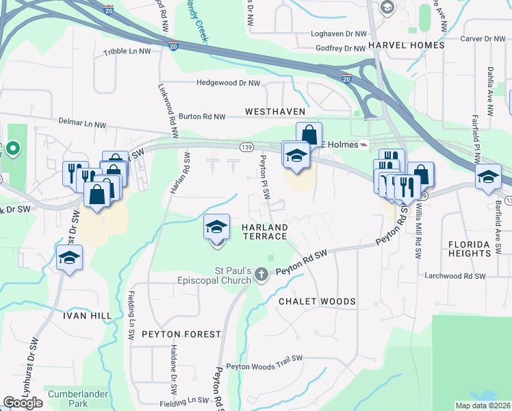 map of restaurants, bars, coffee shops, grocery stores, and more near 123 Peyton Place Southwest in Atlanta