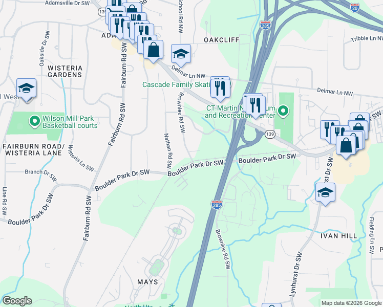 map of restaurants, bars, coffee shops, grocery stores, and more near 3325 Lawrence Drive Southwest in Atlanta