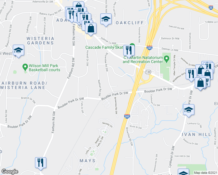 map of restaurants, bars, coffee shops, grocery stores, and more near 192 Nathan Road Southwest in Atlanta