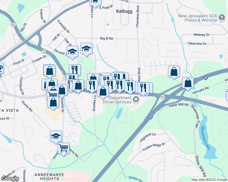 map of restaurants, bars, coffee shops, grocery stores, and more near 5771 Fairburn Road in Douglasville