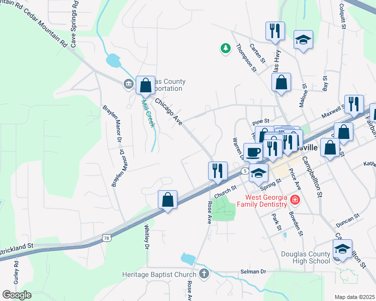 map of restaurants, bars, coffee shops, grocery stores, and more near in Douglasville