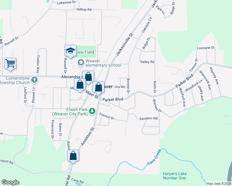 map of restaurants, bars, coffee shops, grocery stores, and more near 106 Ora Road in Weaver